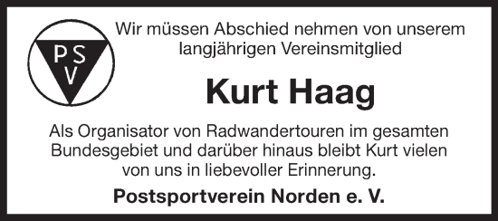 Traueranzeige von Kurt Haag von Ostfriesischer Kurier