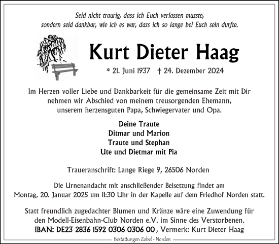 Traueranzeige von Kurt Dieter Haag von Ostfriesischer Kurier