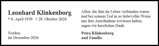 Traueranzeige von Leonhard Klinkenborg von Ostfriesischer Kurier