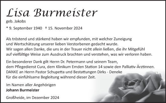 Traueranzeige von Lisa Burmeister von Ostfriesischer Kurier