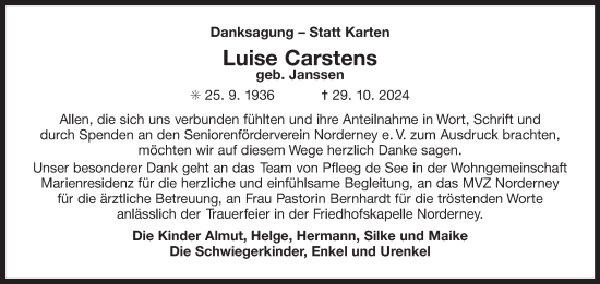 Traueranzeige von Luise Carstens von Ostfriesischer Kurier