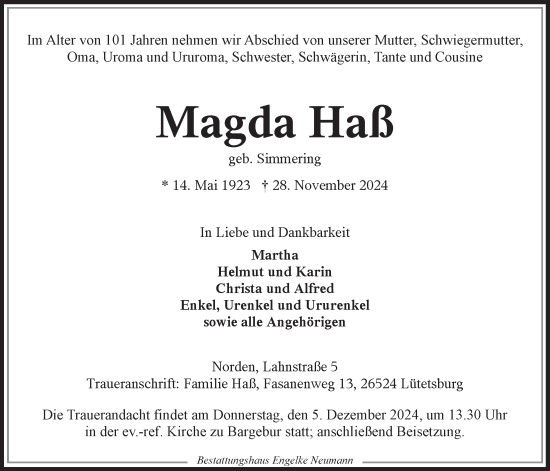 Traueranzeige von Magda Haß von Ostfriesischer Kurier