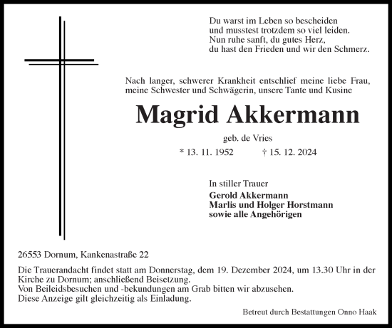 Traueranzeige von Magrid Akkermann von Ostfriesischer Kurier