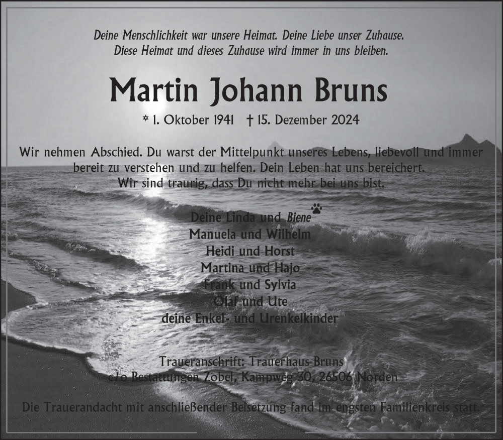  Traueranzeige für Martin  Bruns vom 21.12.2024 aus Ostfriesischer Kurier
