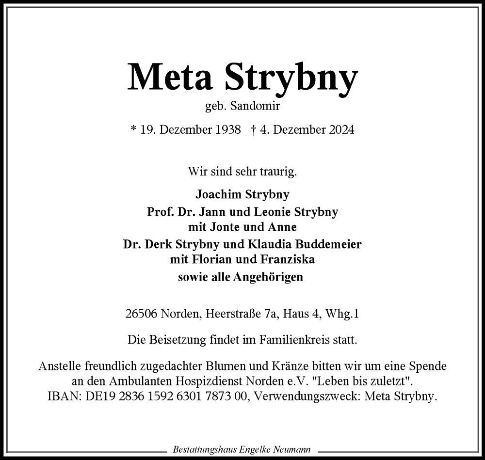  Traueranzeige für Meta Strybny vom 07.12.2024 aus Ostfriesischer Kurier