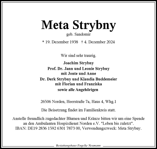 Traueranzeige von Meta Strybny von Ostfriesischer Kurier