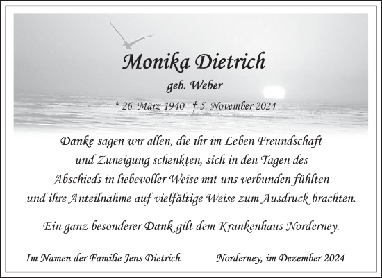 Traueranzeige von Monika Dietrich von Ostfriesischer Kurier