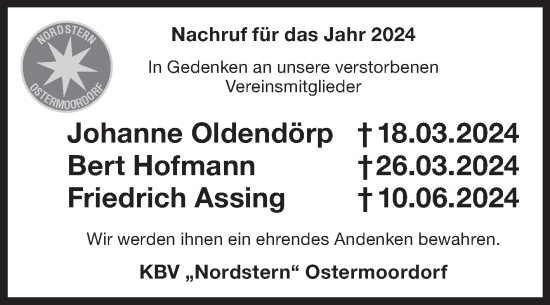 Traueranzeige von Nachruf KBV „Nordstern“ Ostermoordorf von Ostfriesischer Kurier