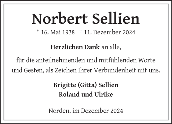 Traueranzeige von Norbert Sellien von Ostfriesischer Kurier