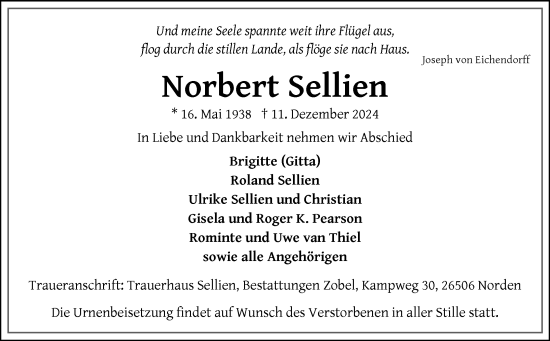 Traueranzeige von Norbert Sellien von Ostfriesischer Kurier