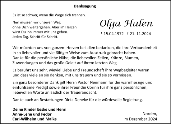 Traueranzeige von Olga Halen von Ostfriesischer Kurier