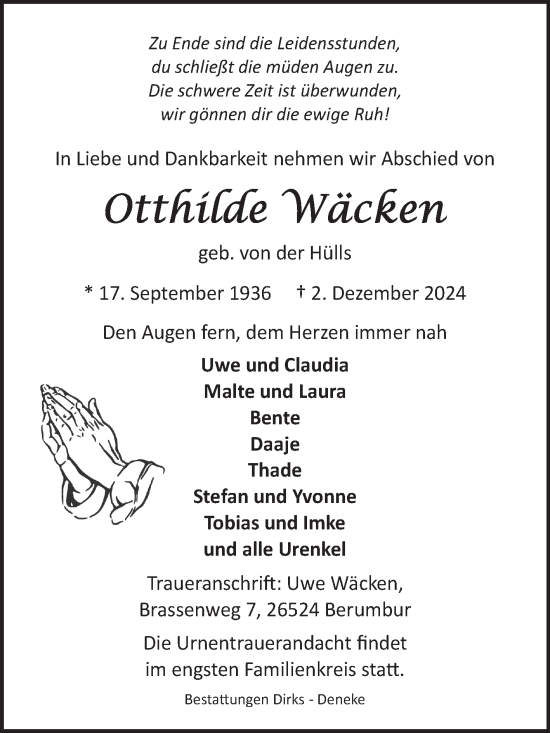Traueranzeige von Otthilde Wäcken von Ostfriesischer Kurier