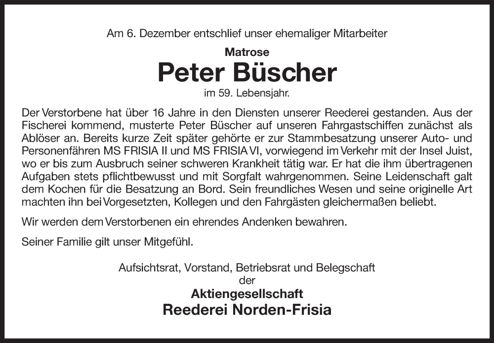  Traueranzeige für Peter Büscher vom 10.12.2024 aus Ostfriesischer Kurier