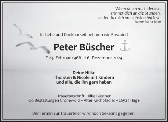 Traueranzeige von Peter Büscher von Ostfriesischer Kurier