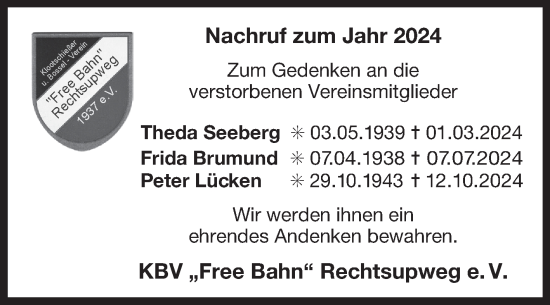 Traueranzeige von Peter Lücken von Ostfriesischer Kurier