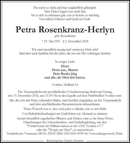 Traueranzeige von Petra Rosenkranz-Herlyn von Ostfriesischer Kurier
