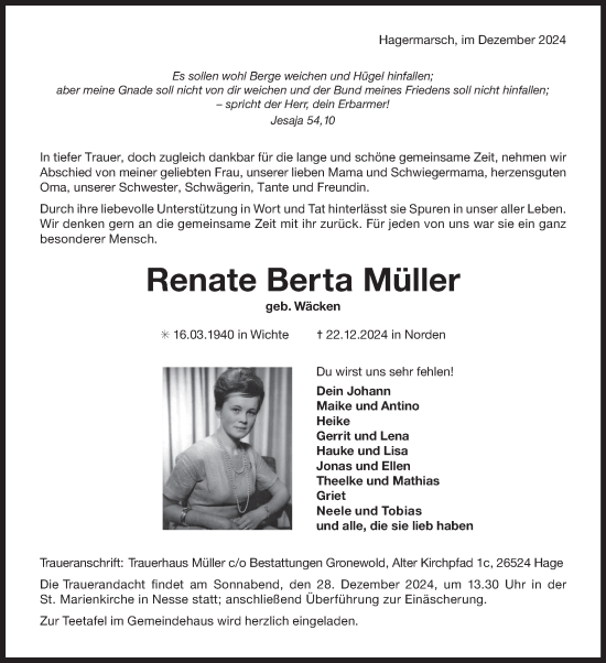 Traueranzeige von Renate Berta Müller von Ostfriesischer Kurier