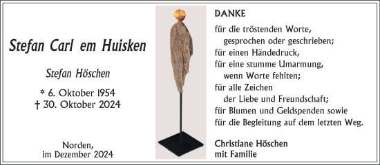 Traueranzeige von Stefan Carl em Huisken von Ostfriesischer Kurier