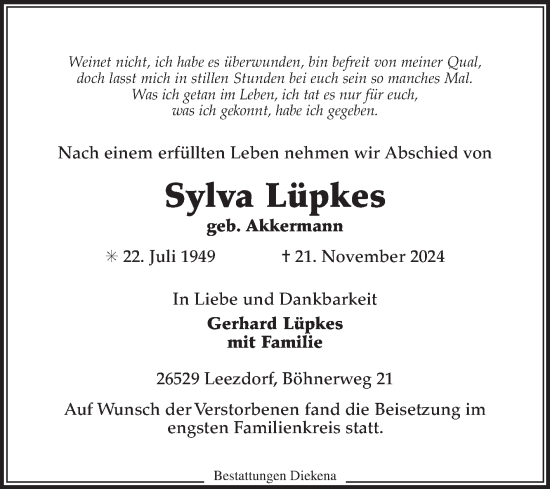 Traueranzeige von Sylva Lüpkes von Ostfriesischer Kurier