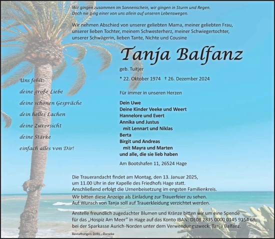 Traueranzeige von Tanja Balfanz von Ostfriesischer Kurier
