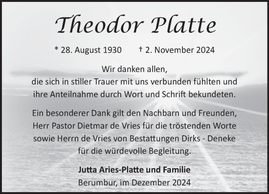 Traueranzeige von Theodor Platte von Ostfriesischer Kurier