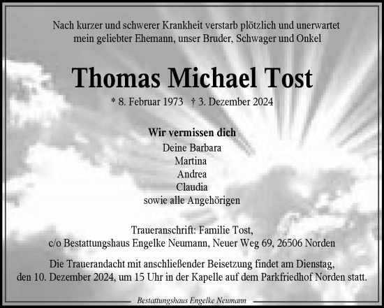 Traueranzeige von Thomas  Tost von Ostfriesischer Kurier