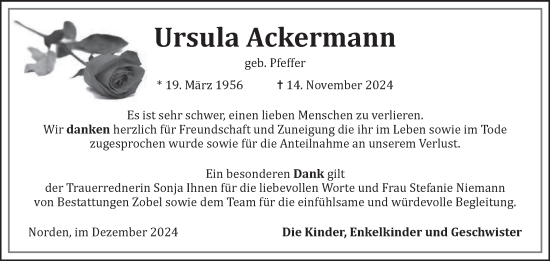 Traueranzeige von Ursula Ackermann von Ostfriesischer Kurier