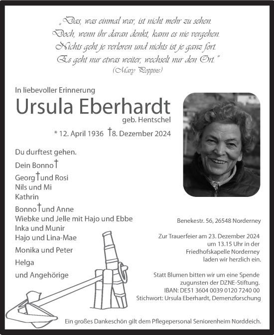 Traueranzeige von Ursula Eberhardt von Ostfriesischer Kurier
