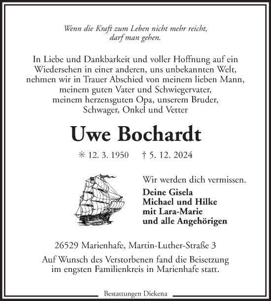 Traueranzeige von Uwe Bochardt von Ostfriesischer Kurier