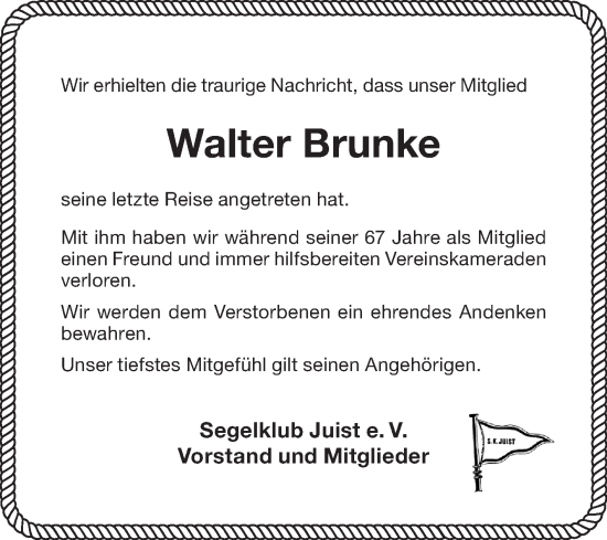 Traueranzeige von Walter Brunke von Ostfriesischer Kurier