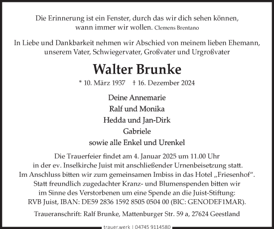 Traueranzeige von Walter Brunke von Ostfriesischer Kurier