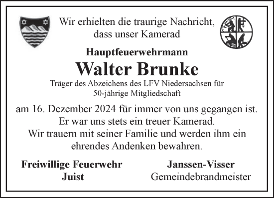 Traueranzeige von Walter Brunke von Ostfriesischer Kurier