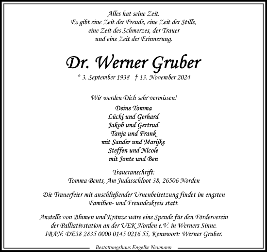Traueranzeige von Werner Gruber von Ostfriesischer Kurier