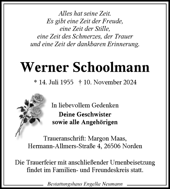 Traueranzeige von Werner Schoolmann von Ostfriesischer Kurier