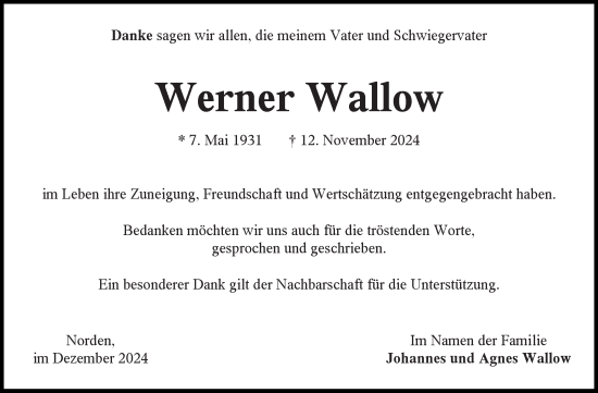 Traueranzeige von Werner Wallow von Ostfriesischer Kurier