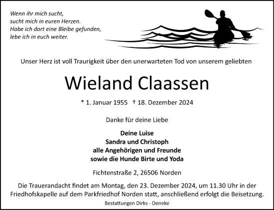 Traueranzeige von Wieland Claassen von Ostfriesischer Kurier