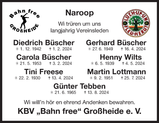 Traueranzeige von Wi trüren KBV „Bahn free“ Großheide e. V. von Ostfriesischer Kurier