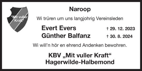 Traueranzeige von Wi trüren KBV „Mit vuller Kraft“ Hagerwilde-Halbemond von Ostfriesischer Kurier