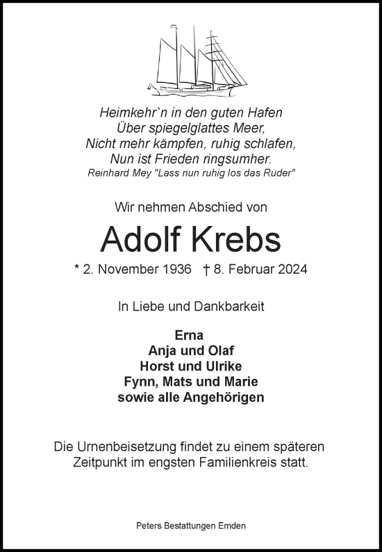 Traueranzeige von Adolf Krebs von Ostfriesischer Kurier