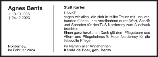 Traueranzeige von Agnes Bents von Ostfriesischer Kurier