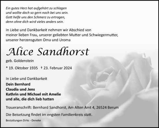 Traueranzeige von Alice Sandhorst von Ostfriesischer Kurier