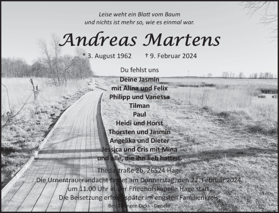 Traueranzeige von Andreas Martens von Ostfriesischer Kurier