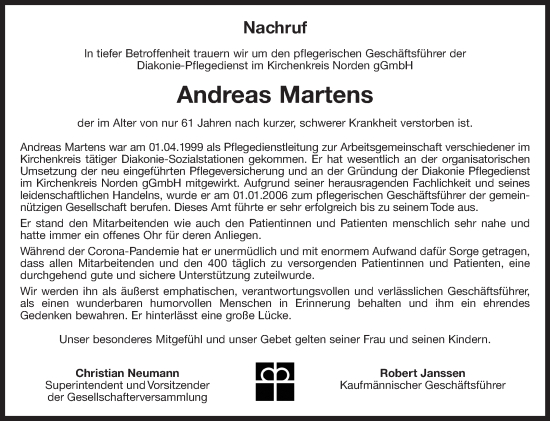 Traueranzeige von Andreas Martens von Ostfriesischer Kurier