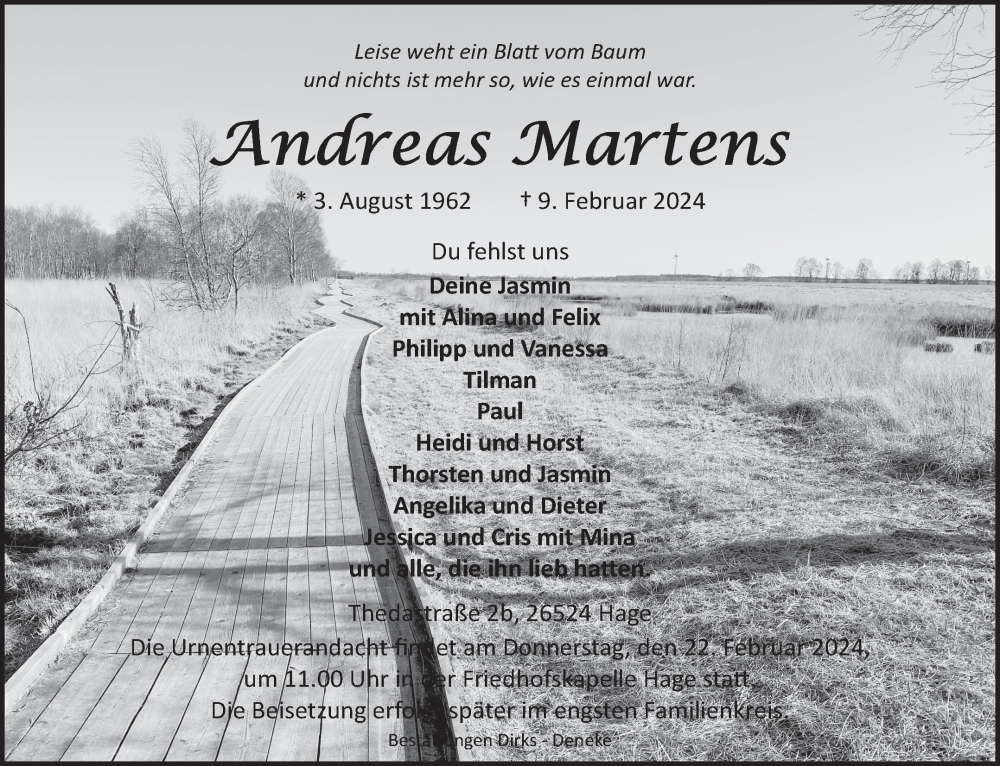 Traueranzeige für Andreas Martens vom 17.02.2024 aus Ostfriesischer Kurier