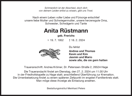 Traueranzeige von Anita Rüstmann von Ostfriesischer Kurier