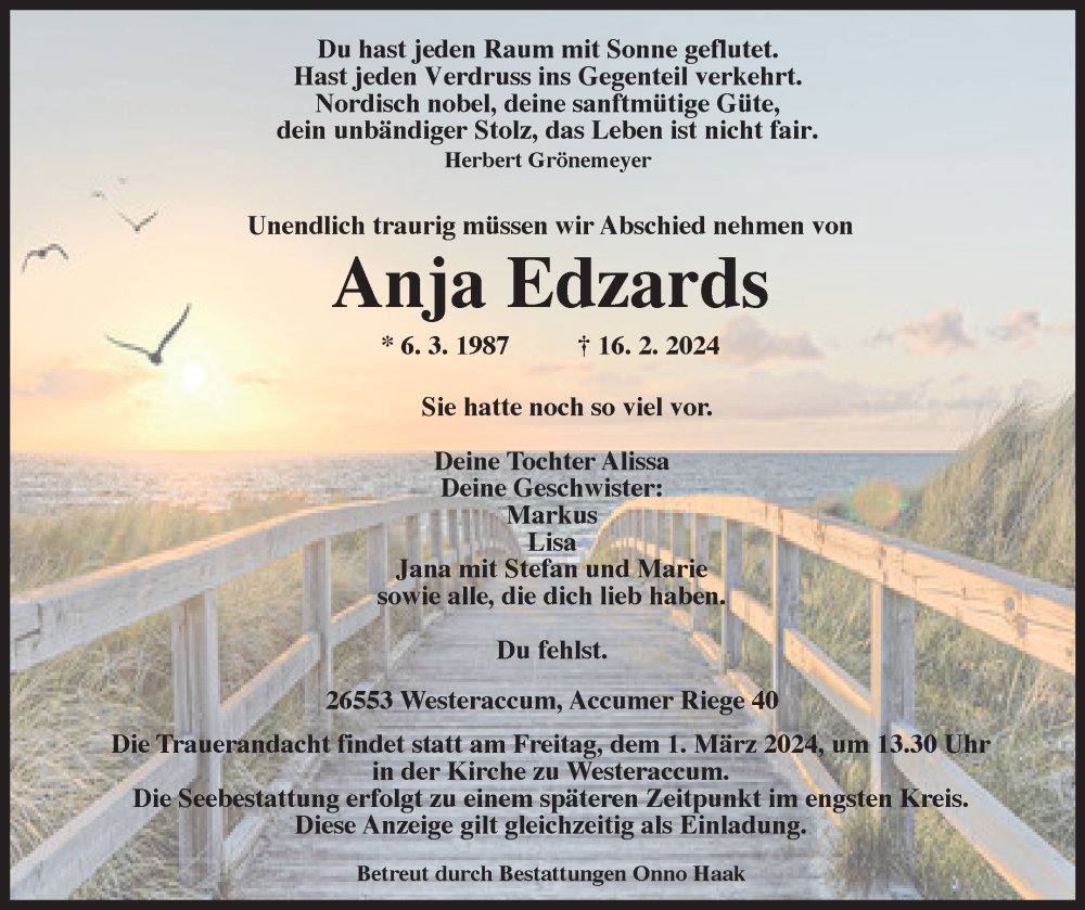  Traueranzeige für Anja Edzards vom 24.02.2024 aus Ostfriesischer Kurier
