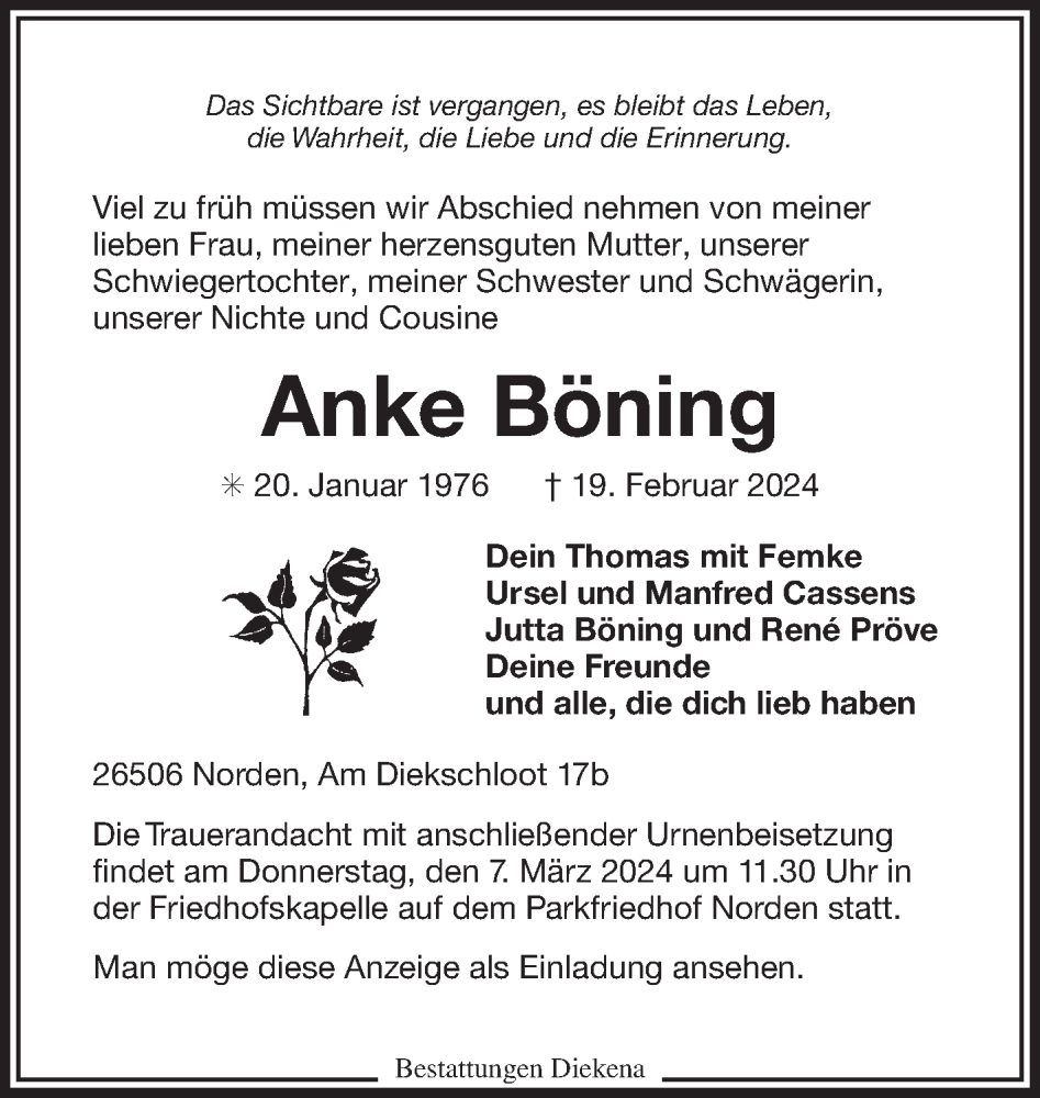  Traueranzeige für Anke Böning vom 24.02.2024 aus Ostfriesischer Kurier