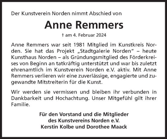 Traueranzeige von Anne Remmers von Ostfriesischer Kurier