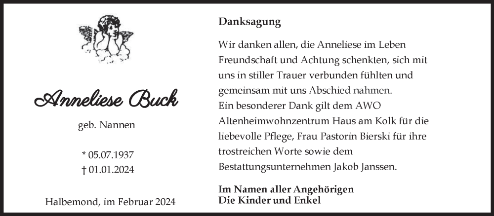  Traueranzeige für Anneliese Buch vom 24.02.2024 aus Ostfriesischer Kurier