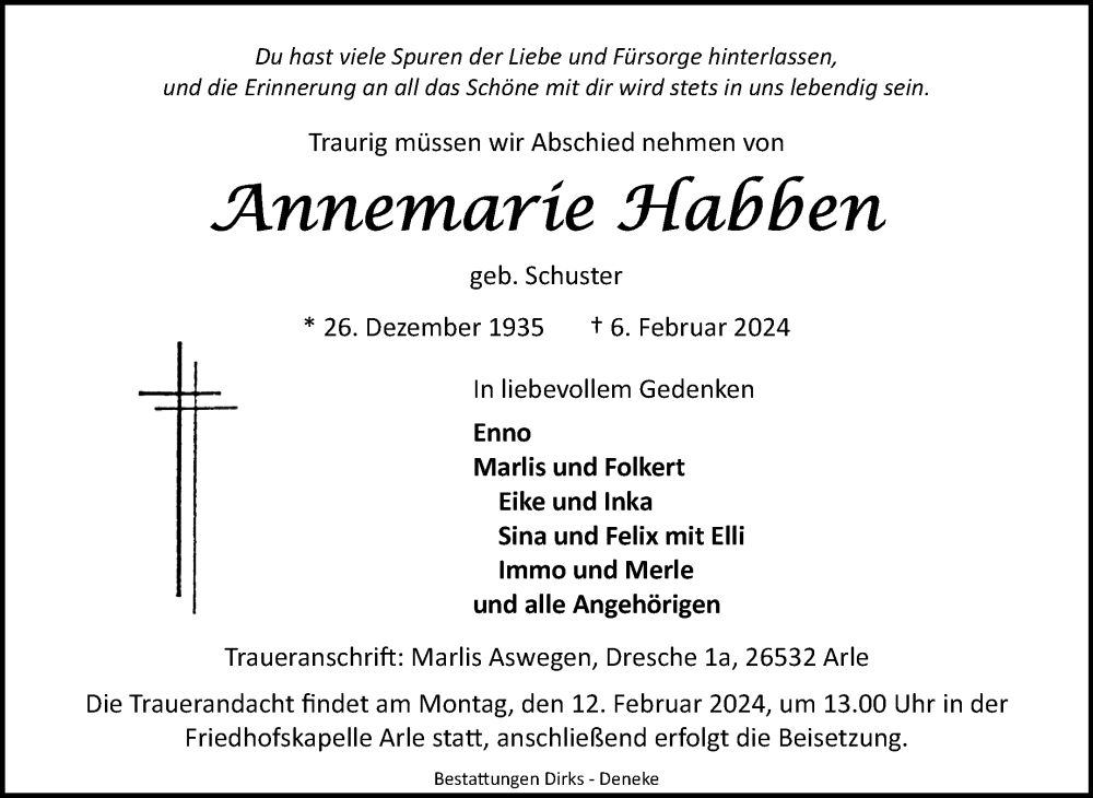  Traueranzeige für Annemarie Habben vom 08.02.2024 aus Ostfriesischer Kurier